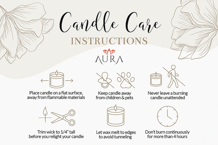 Candle care: place on a flat surface away from flammable materials; keep away from children and pets; never leave a burning candle unattended; trim the wick to a quarter inch before relighting; let wax melt to the edges to avoid tunneling; do not burn continuously for more than four hours.
